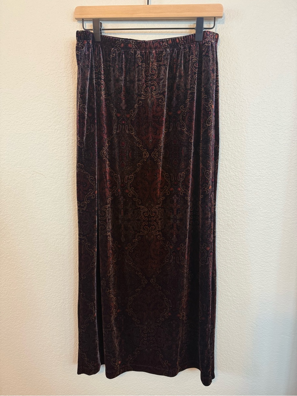 Dialogue Burgundy Velvet Maxi Skirt with Subtle Paisley Motif